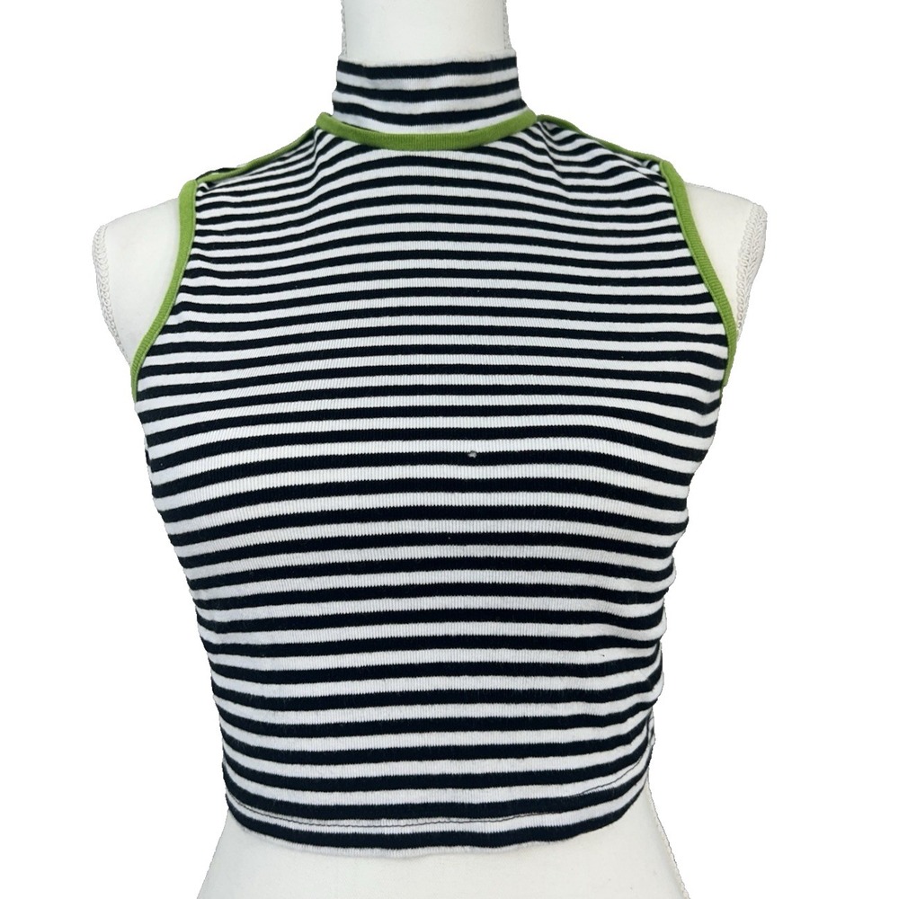 Vintage Explorations Black & White stripe & lime trim Cropped Top Sz S/ M‎